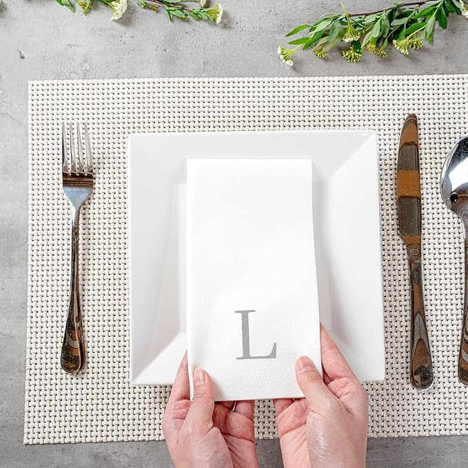 Luxenap 15.8 X 7.9 Inch Linen-Feel Guest Towels, 2000 Lettered Hand Towels - Silver Letter 'L', Sans Serif Font, White Paper Dinner Napkins, airlaid, For Restrooms And Tables - Restaurantware