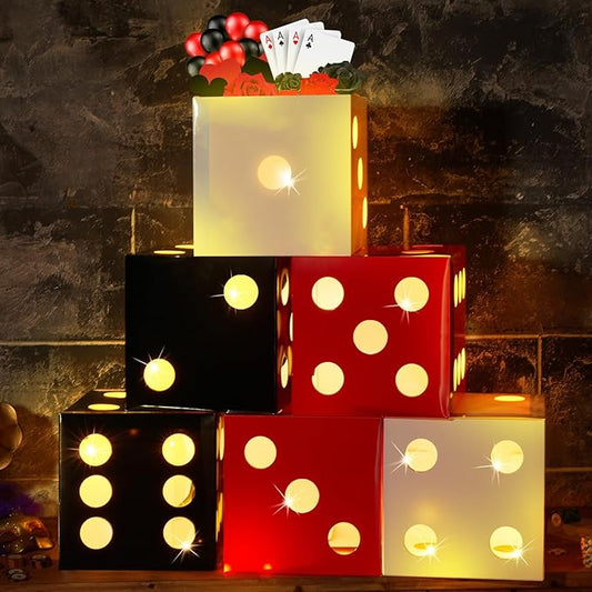 Motipuns 6 Pcs Large Dice Favor Boxes with Light, Large Dice Box Casino Party Decorations, Balloon Boxes for Birthday Las Vegas Game Night Valentine's Day Party Decoration(11.8 Inch,White, Black, Red)
