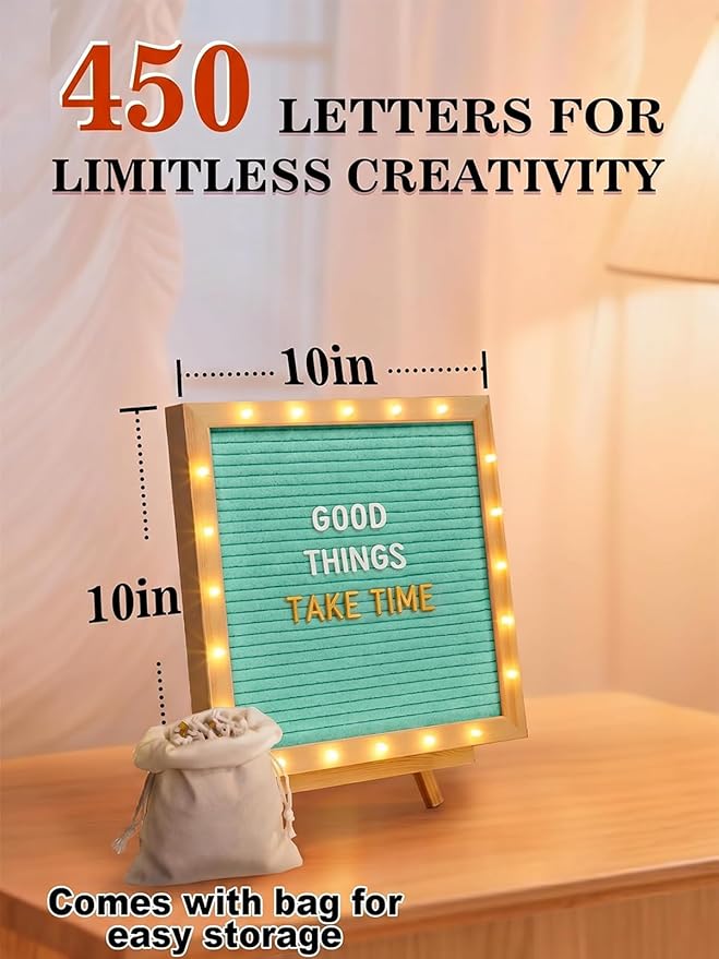 Changeable Felt Letter Board with LED Lights - 10×10" Message Custom Signs & Wood Stand & 450 Letters, Poster Board for Baby/Pregnancy Announcement/Classroom Wall Decor Gifts First Day of School, Blue