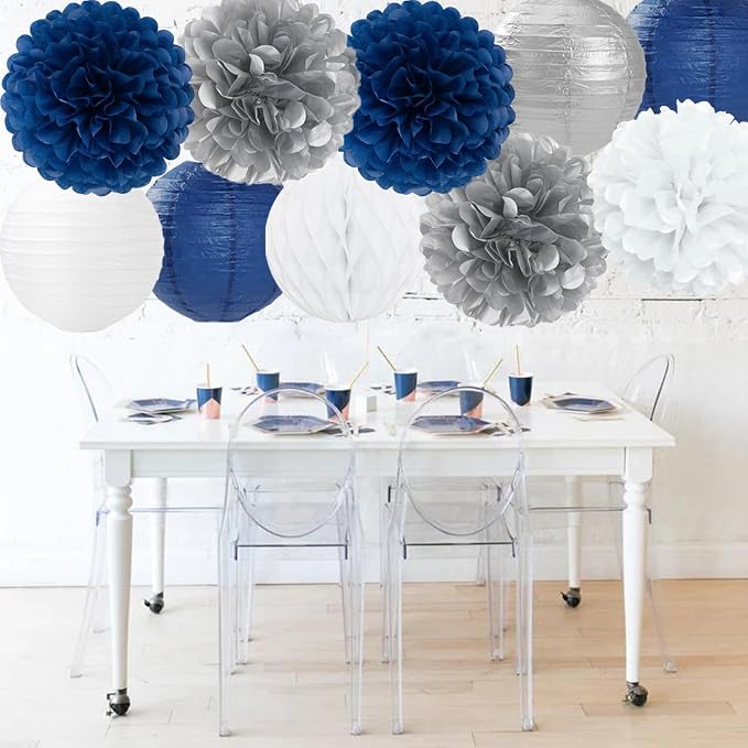 Navy Blue Silver White Paper Flowers Tissue Pom Poms Honeycomb Lanterns 15pcs Royal Party Decorations Graduation Birthday Wedding Baby Bridal Shower Boy Bachelorette Hanging Supplies Mprocherify