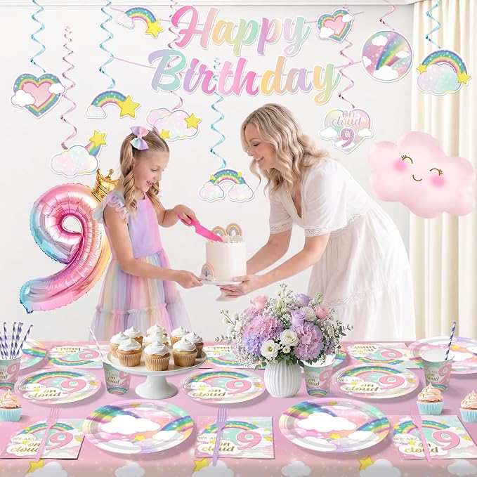 Xynic 200Pcs On Cloud 9 Birthday Decorations for Girls, All-in-One Party Supplies Includes Banner, Cake Toppers, Foil Balloons, Plates and Napkins, Easy Setup On Cloud Nine Party Decor, Serves 25