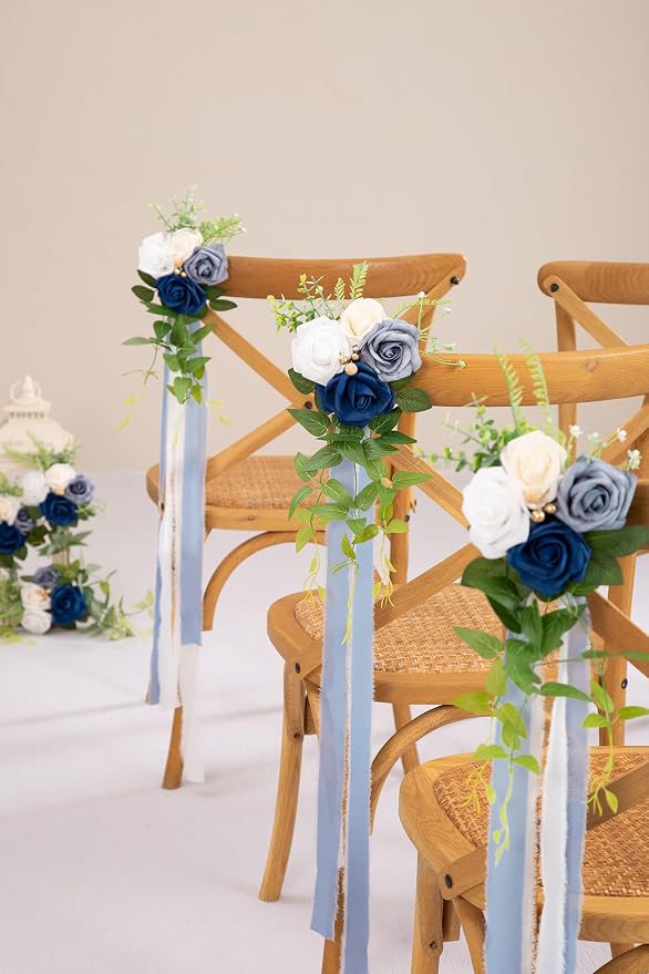 DORIS HOME Wedding Chair Decorations Blue Pew Flowers Set of 10 for Wedding Ceremony Party Aisle Decor with Artificial Flowers Eucalyptus and Ribbons