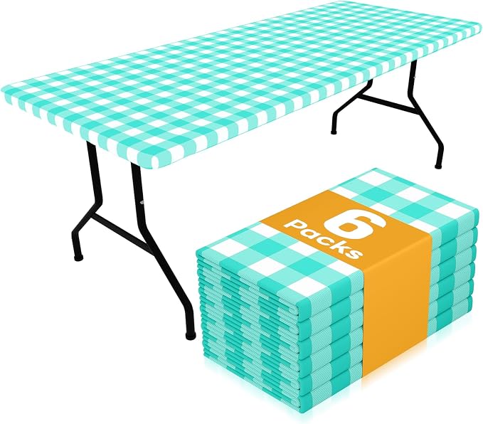Smiry Picnic Table Cloth 6 Pack, Waterproof Elastic Fitted Tablecloths for 4FT Rectangle Tables, Washable Polyester Buffalo Plaid Tablecloth for Camping, Dining & Outdoor (Teal & White, 30" x 48")