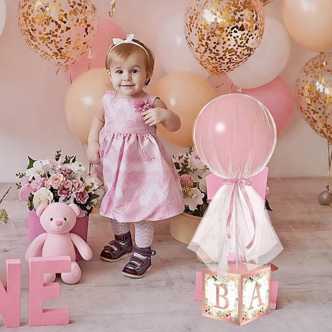 Wettarn 4 Set Pink Girl Baby Shower Table Centerpiece Decor 24'' Tulle Tutu Balloon with Letter Boxes Gender Reveal Centerpiece Balloon with White Tulle Cover, Stand, Boxes for Girl Birthday Party