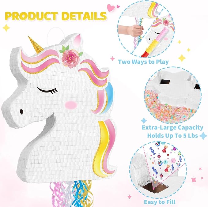 WERNNSAI Ultra Large Unicorn Piñata - Unicorn Party Supplies Piñata Bundle with Blindfold and Bat for Girls Kids Rainbow Unicorn Theme Birthday Party Game Decorations (20.4" x 15.6" x 2.9")