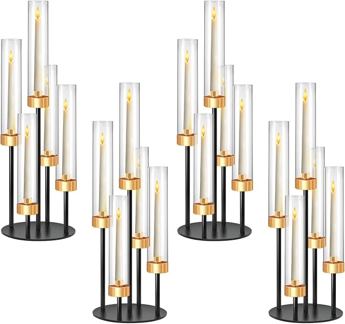 5-Arm Black Metal Table Candelabra Centerpiece, 22" Tall Clear Candlesticks Holder with Shade for Valentines Day Events Party Table Centerpiece,Fit LED Candles (4, Black+Gold, S-22in)