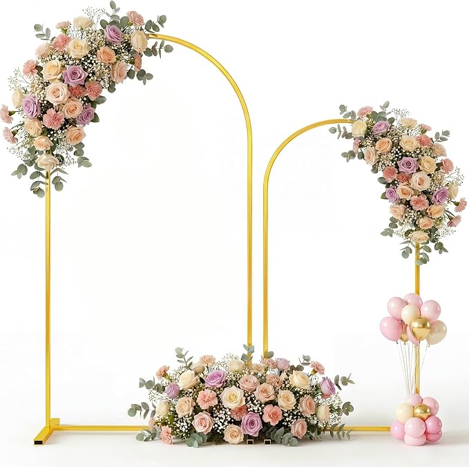 Toolterritary Metal Arch Backdrop Stand Set of 2, 8FT+ 6.6FT Balloon Arch Stand, Gold Wedding Arch Frame with Stable Base, Arch Backdrop for Party Birthday Baby Shower Graduation Decor