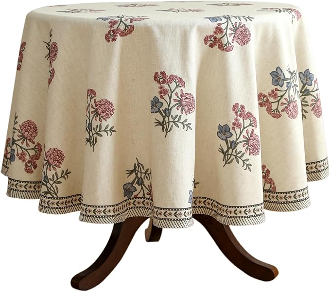 ISAENNE Designer French Linen Round Tablecloth,Diameter 67"-Helena E | Vintage Elegant Beautiful Table Cloth for Round Table,Floral Pattern,Heavyweight,Dining Room,Kitchen,Thanksgiving,Decor