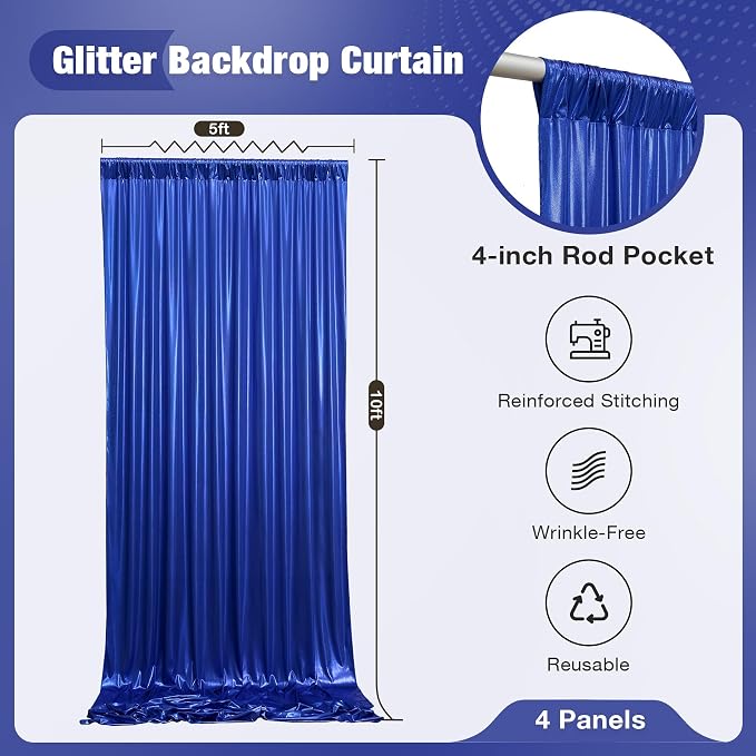 20x10FT Royal Blue Sequin Backdrop Curtain for Party - 4 Panels 5x10FT Wrinkle-Free Shimmer Drapes for Birthday, Wedding, Christmas, Decorations & Photography