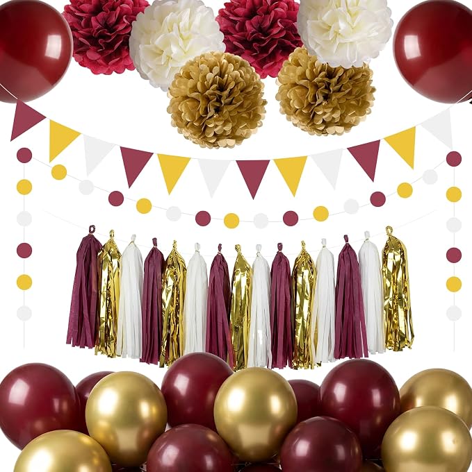 Burgundy Party Decorations Set with Paper Pom Poms, Tassel Garland, Triangle Banner, Circle Dots Garland, Balloons for Birthday, Baby Shower, Graduation