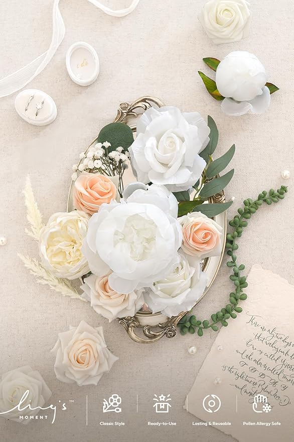 Ling's moment Fake Flowers Box, Faux Artificial Greenery Stems Foam Roses Silk Peonies Willow Fabic Flower for Centerpieces Bouquet Wedding Vase Floral Decorations, White & Blush, Grand Combo