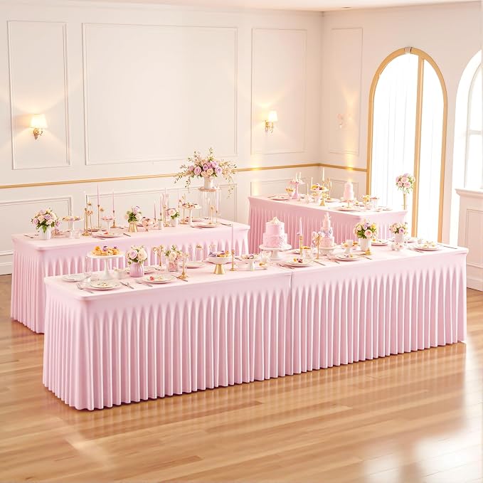 Suppromo 8ft Pink Spandex Table Cloths for Rectangle Tables Wrinkle Free Pink Rectangle Tablecloths Stretch Fitted Table Cover with Skirt for Baby Shower Girl Birthday Party Wedding Banquet Buffet