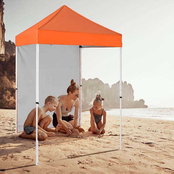 5x5 Pop Up Canopy Tent with One Sidewall, Instant Portable Beach Canopy, Outdoor Tent with Carry Bag for Camping, Sports, Tailgating, Events, Orange