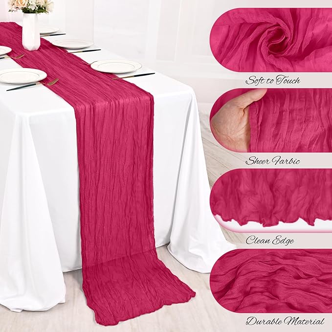 8 Pack Hot Pink Cheesecloth Table Runner 10FT Boho Gauze Cheese Cloth Table Runner Rustic Sheer Fabric Table Runners for Wedding Bridal Shower Baby Shower Party(21.5×120 Inch)