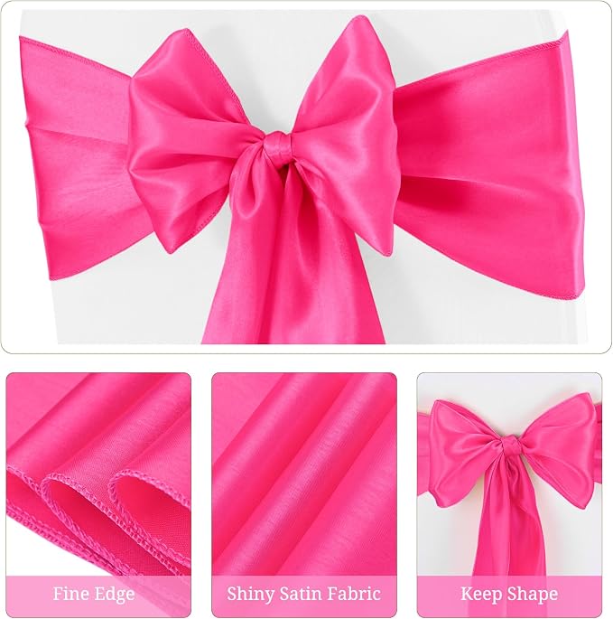 Pesonlook 60 PCS Hot Pink Satin Chair Sashes Bows Satin Chair Sashes Universal Chair Cover for Wedding Reception Restaurant Event Decoration Banquet,Party,Hotel Event Decorations (7 x 108 inch)