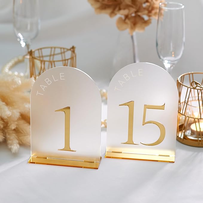 Frosted Arch Gold Table Numbers - 5x7" Frosted Arch Acrylic Table Signs with Gold Mirror Numbers for Banquet, Party, Event, Anniversary