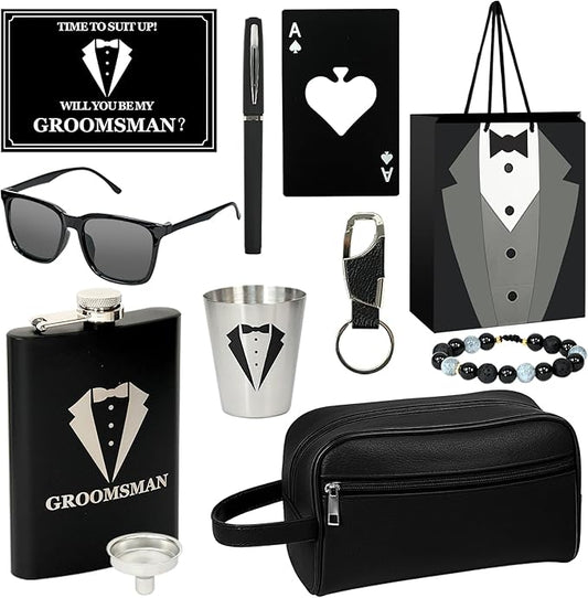 11 Pcs Groomsmen Proposal Gifts - Groomsmen Gift Boxes with Leather Bag，Tuxedo Flask, Funnel，Shot Glasse，Poker Card Bottle Openers, Sunglasses, Bracelet, Card, Pen & Gift Bags for Wedding Party（Black）