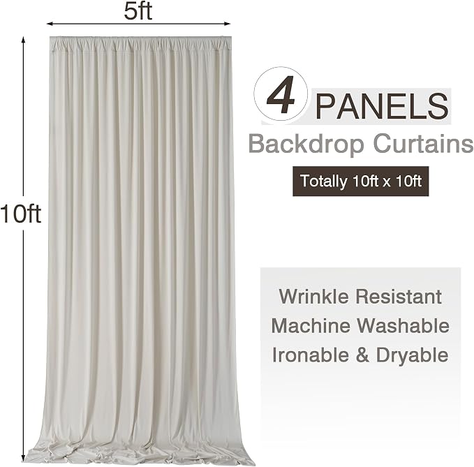 20x10ft Wrinkle Free Beige Backdrop Curtains for Parties, 4 Panels 5x10ft Silky Polyester Photo Backdrop Drapes Back Drop Cloth Drapery for Wedding Birthday Photography Background