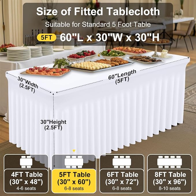 Smiry Spandex Tablecloth 2 Pack, Elastic Fitted Stretch Tablecloth for 5FT Rectangle Tables, Waterproof Washable Table Cover Skirt for Outdoor, Wedding, Banquet & Parties (White, 60Lx30Wx30H Inch)