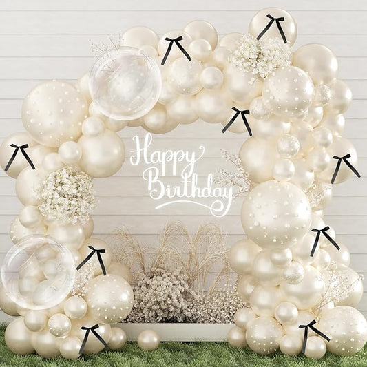 Double Stuffed Pearl Balloon Arch Kit,229Pcs Bow Balloon Arch Kit with Pearl Sticker Bubble Balloons Ribbon Bow for Coquette Bow Theme Birthday Baby Shower Wedding Bachelorette Bridal Shower Party