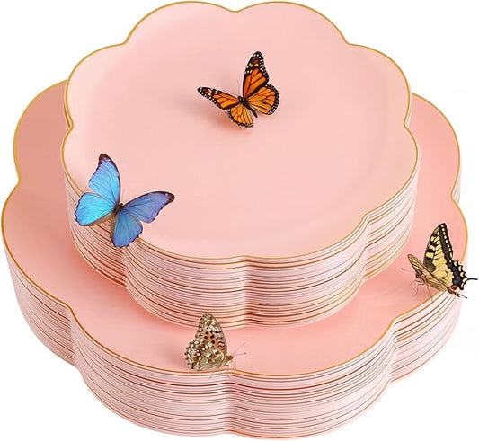 supernal 60pcs Pink Scalloped Plastic Plates with Gold Rim,Heavy Duty Plastic Disposable Plates Includes:30 Dinner and 30 Dessert Plate Perfect for Wedding, Bridal Shower, Mother's Day&Parties