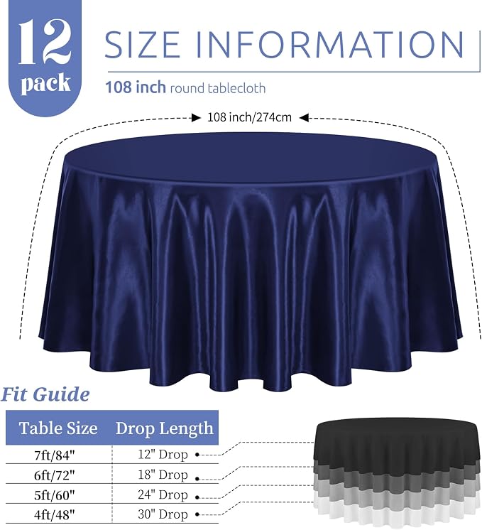12 Pack 108 Inch Round Tablecloth, Navy Blue Satin Fabric Tablecloth for Round Tables, Wrinkle Resistant Washable Table Cover Bright Silk Table Clothes for Wedding Party Dining Tables Banquet