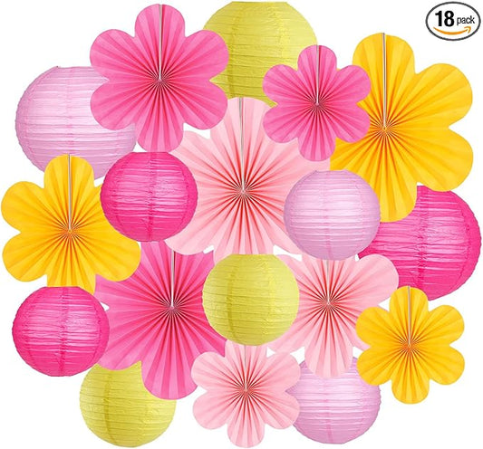 Pink and Yellow Party Decorations Paper Lanterns Flower Fans for Spring Baby Shower Pink Birthday Wedding Bachelorette Classroom or Garden Party Decor Set of 18