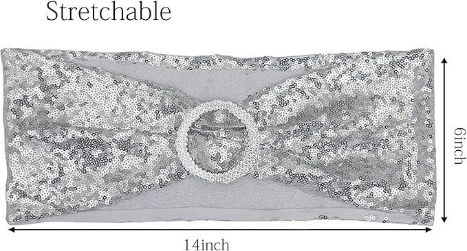 Pack of 50 Spandex Sequins Chair Sashes Silver Chair Bands with Buckles, Chairs Bows Ties for Party Wedding Fiesta Decor - Sequin Silver Chair Sash