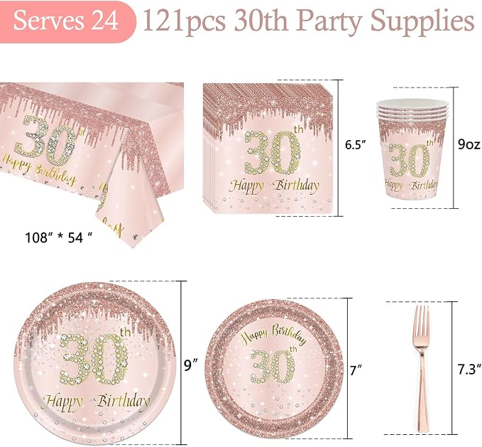 121Pcs 30th Birthday Party Supplies Plates Napkins Cups Forks Tablecloth Rose Gold Happy 30th Birthday Themed Disposable Tableware Decorations Serves 24 Guests for Women Her 30 Years