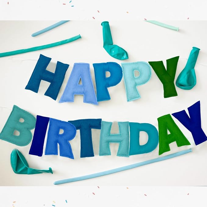 Pre-Strung Happy Birthday Banner - Felt Ball Garland, Rainbow Party Decorations, HAPPY BIRTHDAY Garland, Personalized Birthday Sign for Birthday Decor, Party Decor, Photo Prop (Blue Happy Birthday Banner)