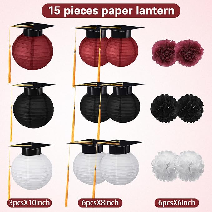 Gilprop 15 Pcs Black and Wine Red Graduation Decoration 2026 Paper Lanterns Graduation Party Decorations Hanging Round Paper Lanterns with Black Grad Hat Tassel for Congratulation Grad Decorations