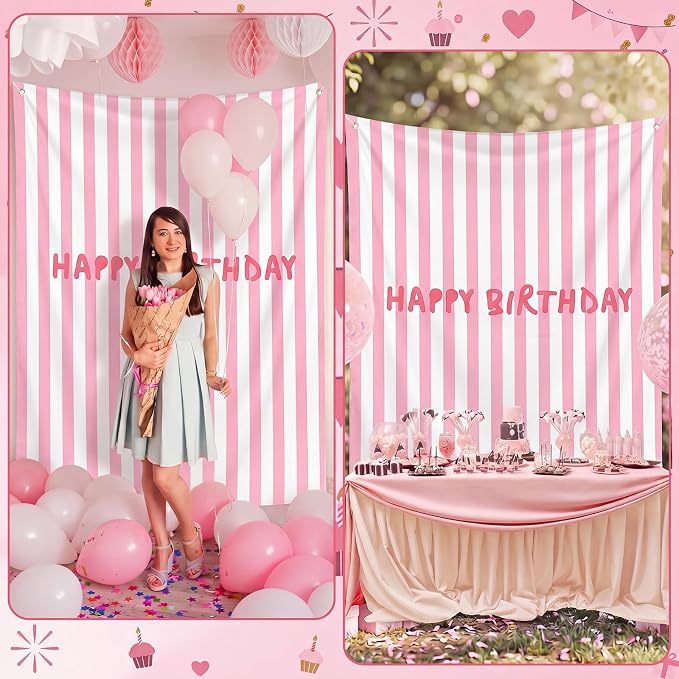 Flutesan 7x5ft Pink Stripe Happy Birthday Backdrop Large Banner Fabric Tapestry Birthday Party Decoration Baby Shower Linen Rustic Background Wall Photo Props Indoor Outdoor