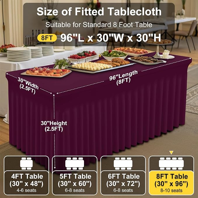 Smiry Spandex Tablecloth 2 Pack, Elastic Fitted Stretch Tablecloth for 8FT Rectangle Tables, Waterproof Washable Table Cover Skirt for Wedding, Banquet & Parties (Jujube Red, 96Lx30Wx30H Inch)