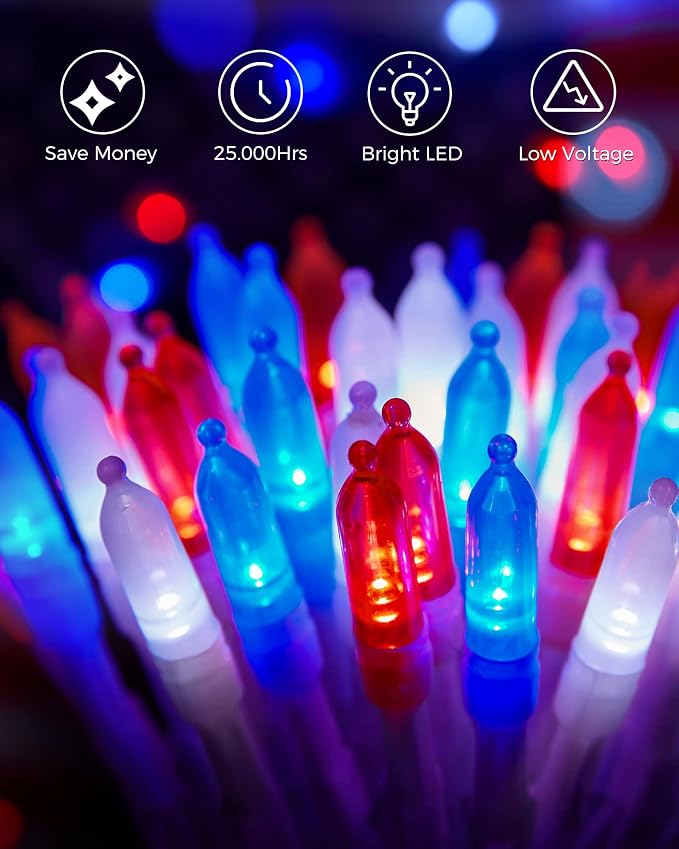 Brightown Red White Blue Battery Operated Mini String Lights with 8 Modes- 2 Pack 18 Feet 50 LED Independence Day Decoration Waterproof, Timer for Patriotic Xmas Holiday Party Outdoor Indoor
