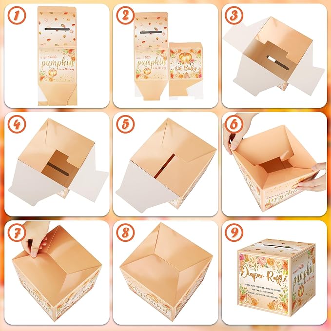 Teling 51 Pieces Diaper Raffle Tickets with Card Box Baby Shower Decorations Baby Shower Holder Box for Girl Boy Diaper Raffle Party(Pumpkin)