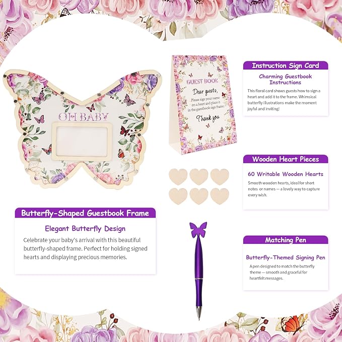 Butterfly Baby Shower Decorations,Purple A Little Butterfly Is On Her Way Baby Shower Guest Book Alternatives with Pen,Photo Frame and 60 Heart Wood Slices for 60 Guests,Gender Reveal Decorations