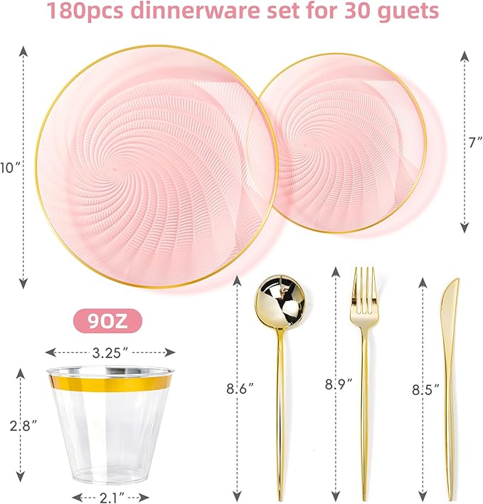 N9R 180 PCS Disposable Dinnerware Set with Gold Rim for 30 Guests, Pink Plastic Plates Include 30 Dinner Plate, 30 Dessert Plates, 30 Cups, 90 Heavy Duty Gold Plastic Silverware for Party & Wedding