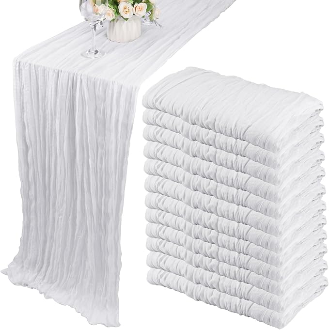 12 Pack Boho Gauze Table Runner - 35x72 Inch Rustic Cheese Cloth Long Table Runner for Wedding, Bridal Shower, Birthday Party Decor (White)