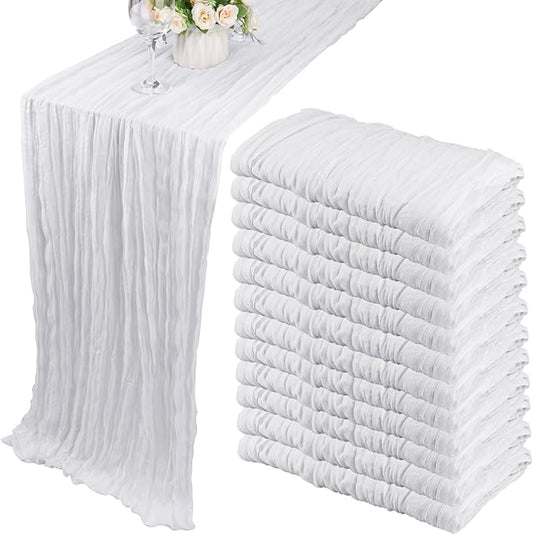 12 Pack 13Ft Cheesecloth Table Runner 35x157 Inch Boho Gauze Table Runner Cheese Cloth Long Table Runner Rustic Table Runner for Wedding Bridal Shower Birthday Party Table Decor (White)