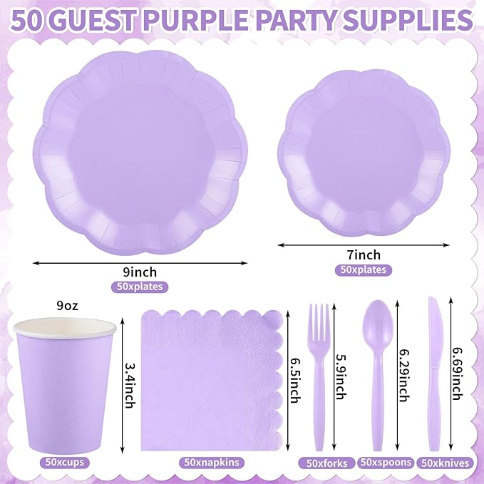 350 Pcs Light Purple Party Supplies Include Scalloped Lavender Plates Mothers Day Napkins Cups Forks Knives Serve 50 Guest Disposable Party Tableware Set for Wedding Baby Shower Birthday Party