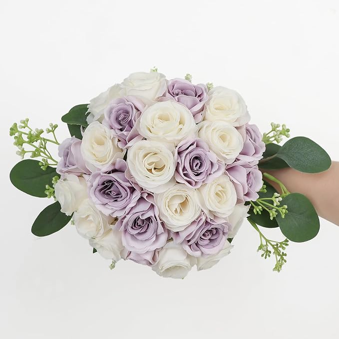 Set of 2 Bridesmaid Bouquets for Wedding - 7 Inch Artificial Ivory Flower Bouquet for Party Ceremony Anniversary Dinning Table Centerpieces Decor - Lilac and White