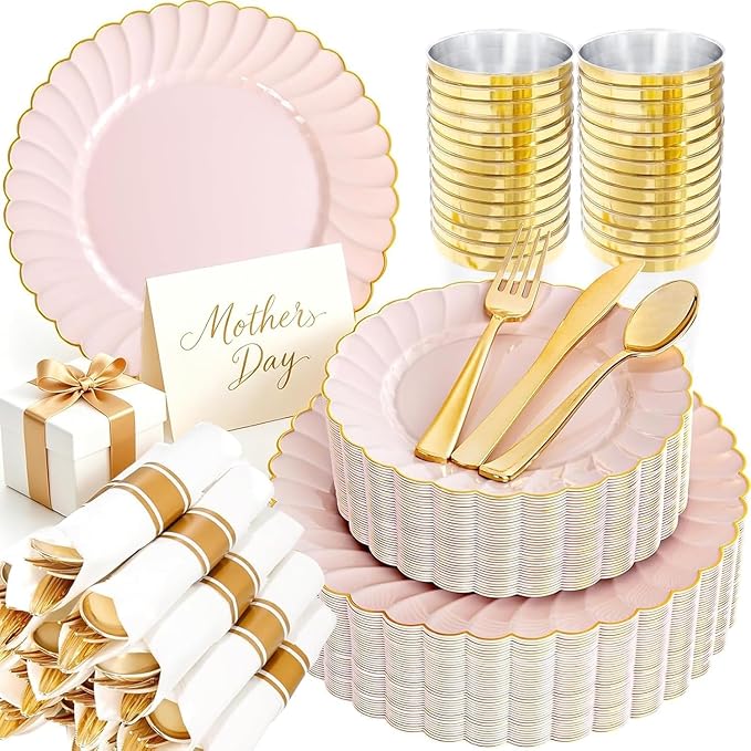 YOUBET 350PCS Pink Scalloped Plastic Plates - Pink and Gold Disposable Dinnerware Set Include 100 Plates, 150 Gold Silverware, 50 Cups, 50 Napkins for Wedding & Party Mothers Day
