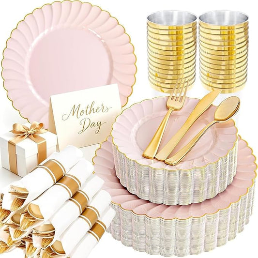 YOUBET 350PCS Pink Scalloped Plastic Plates - Pink and Gold Disposable Dinnerware Set Include 100 Plates, 150 Gold Silverware, 50 Cups, 50 Napkins for Wedding & Party Mothers Day