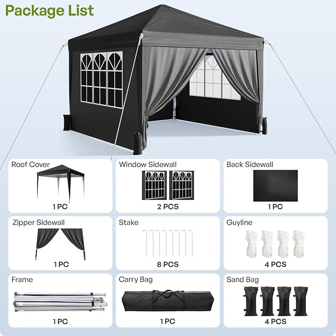 10x10 Pop Up Canopy with Sidewalls, Instant Portable Canopy Tent with Carry Bag for Commercial Events, Camping, Parties - Black