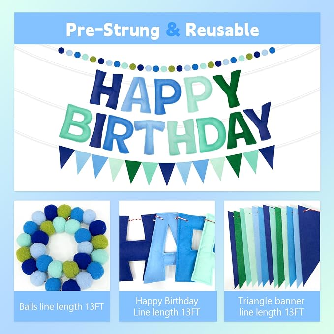 Pre-Strung Happy Birthday Banner - Blue Green Birthday Decorations, 3PCS Felt Birthday Day Sign,Ball Garland,Triangle Bunting,Reusable Colorful Banner for Party Decor Girls Boys Kids Women Men (Blue)
