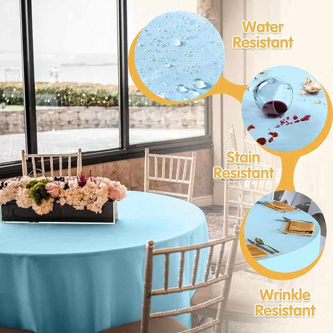 BRILLMAX 4 Pack Light Blue Round Tablecloths 120 Inch for 60” Tables - 150 GSM Polyester Fabric, Floor Length Drop, Water, Stain & Wrinkle Resistant Cloth Cover for Wedding Reception Banquet Dining