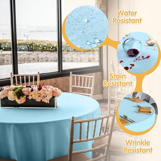 BRILLMAX 6 Pack Light Blue Round Tablecloths 120 Inch for 60” Tables - 150 GSM Polyester Fabric, Floor Length Drop, Water, Stain & Wrinkle Resistant Cloth Cover for Wedding Reception Banquet Dining