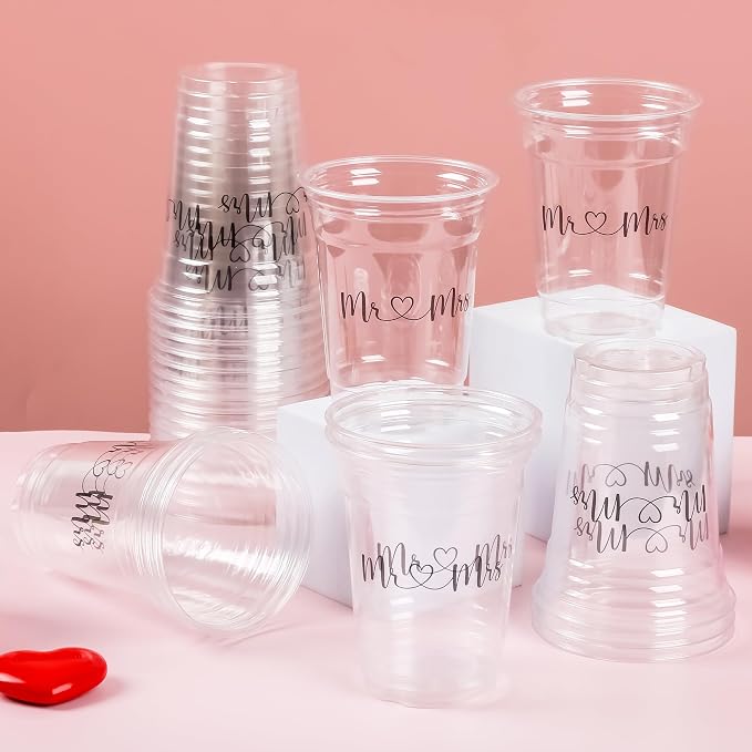 AimFun 50Pcs Mr and Mrs Plastic Cups Wedding Bridal Shower Disposable Party Cups Wedding Reception 12oz Clear Drinking Cup for Anniversary Birthday Party Supplies Decorations (50, Black)