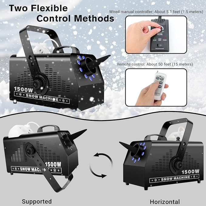 1500W Snow Machine: 9 LEDs Light - Wired & Wireless Remote Control- 7 Color Lights Effect - Snowflake Maker for Outdoor Party Wedding Stage Backyard Events