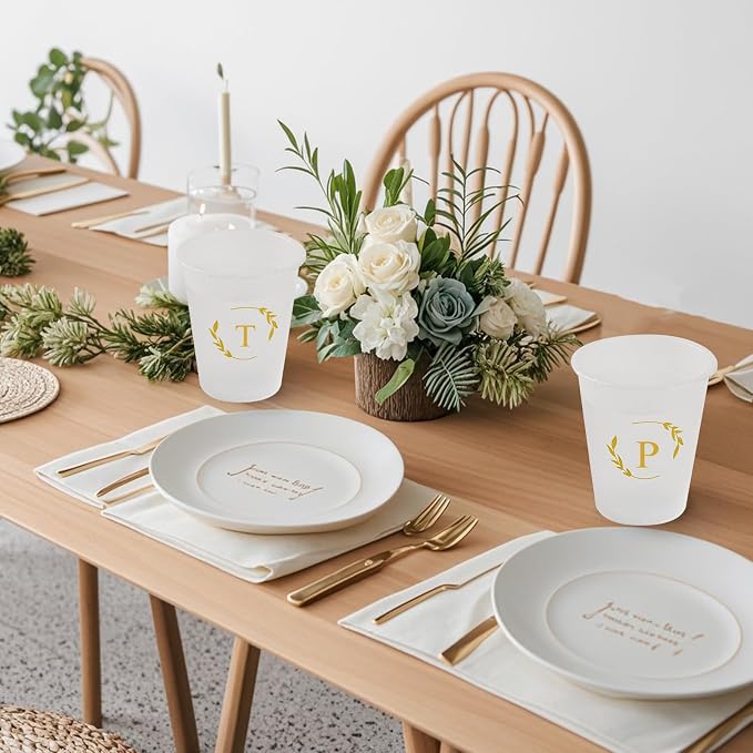 100 Monogrammed Cups Disposable Initial Plastic Cup 12 oz Wedding Personalized Cup for Wedding Reception Baby Shower Birthday Party(Letter M)